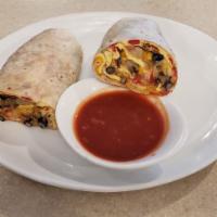 Breakfast Burrito Wrap · Scrambled eggs with bacon, cheddar cheese, diced tomatoes, and side of sour cream.