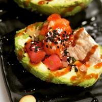 Avocado Boat · Choice of Protein, Scallions, Onions, Masago, Sesame Oil, Eel Sauce, Sesame Seeds