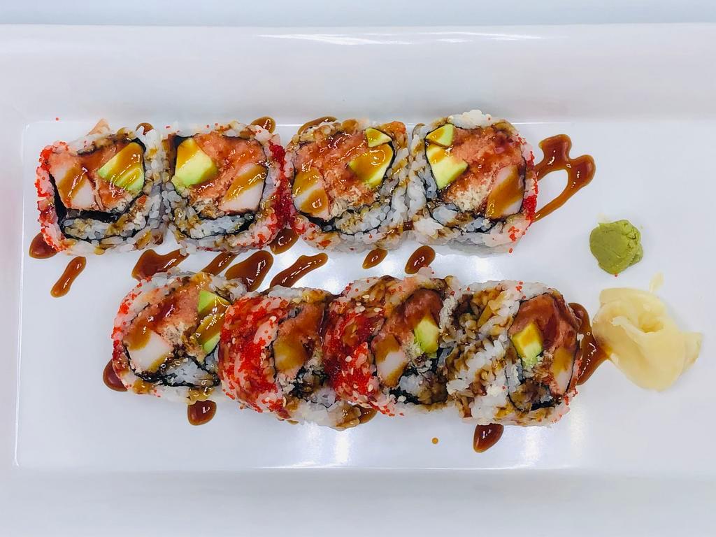 Poke & Roll Signature Roll · Spicy tuna, kani, masago, avocado, and crunch wrapped in seaweed and glazed with eel sauce.    
