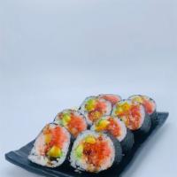 Big Papa Roll · Kani, avocado, spicy tuna and crunch wrapped in seaweed glazed with eel sauce.
