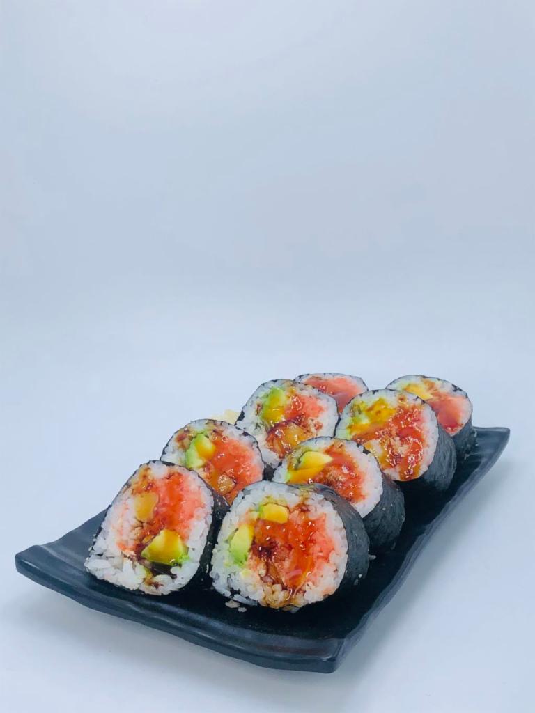 Big Papa Roll · Kani, avocado, spicy tuna and crunch wrapped in seaweed glazed with eel sauce.
