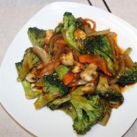 Broccoli in Spicy Garlic Sauce · Fresh broccoli sauteed with carrot, mushroom and onion. Served with steamed white rice. Hot ...