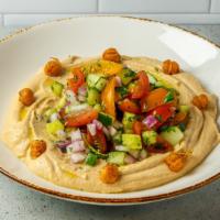 Hummus Bowl · Mediterranean Salad, Spicy Tahini, Crispy Chickpea, Pita.