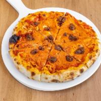 The Pepperoni Pizza · Tomato sauce, garlic aioli, ricotta cashew based, and plant based pepperoni. pepperoni conta...