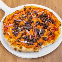 The Ground Beef Pizza · Tomato sauce, garlic aioli, sauteed mushrooms, shaved red onion, and plant based ground beef...