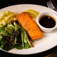 Grilled Salmon · Mashed potatoes, mesclun green, and balsamic teriyaki sauce.