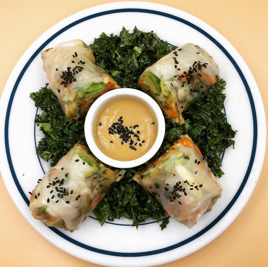 Summer Rolls · Carrots, Avocado, Cucumbers, Cabbage and Basil, wrapped in Gluten-Free Rice paper, Served with Tahini Peanut dressing