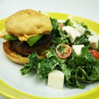 Veggie Burger · Homemade burger patty (lentils, quinoa, oat, onions, black rice, oregano, spices), served on...