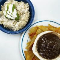 Chili · mixed beans and veggies, brown rice, tortilla chips, avocado, cashew sour cream 