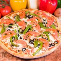 Veggie Pizza · Sliced tomato, black olives, mushrooms, green peppers and onions. 