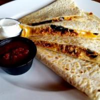 Cheese Quesadilla · Flour tortilla filled with cheddar-jack cheese & black beans. Served with sour cream and sal...
