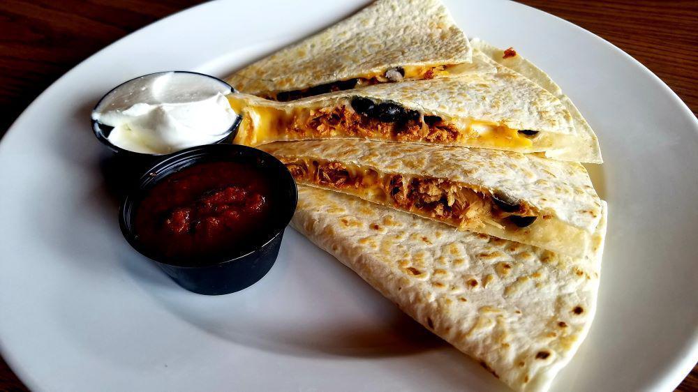 Cheese Quesadilla · Flour tortilla filled with cheddar-jack cheese & black beans. Served with sour cream and salsa on the side.
