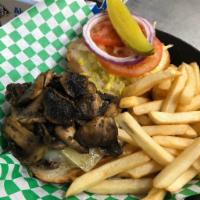 The Mushroom and Swiss Burger · 1/3 lb. patty, with grilled mushrooms & Swiss cheese, mayo or chipotle mayo, red onion, lett...