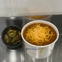 Chili Large · Homemade Chili 8oz topped with shaved cheddar and jalapeno