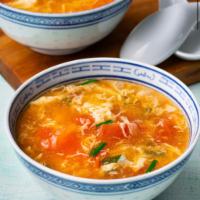 Tomato and Egg Drop Soup · Soup that is made from beaten eggs and broth.