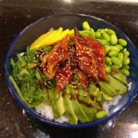 Unagi Eel Bowl · Unagi Eel, Seaweed salad, Avocado, Oshinko, Edamame,massago, with Eel Sesame Seed sauce.