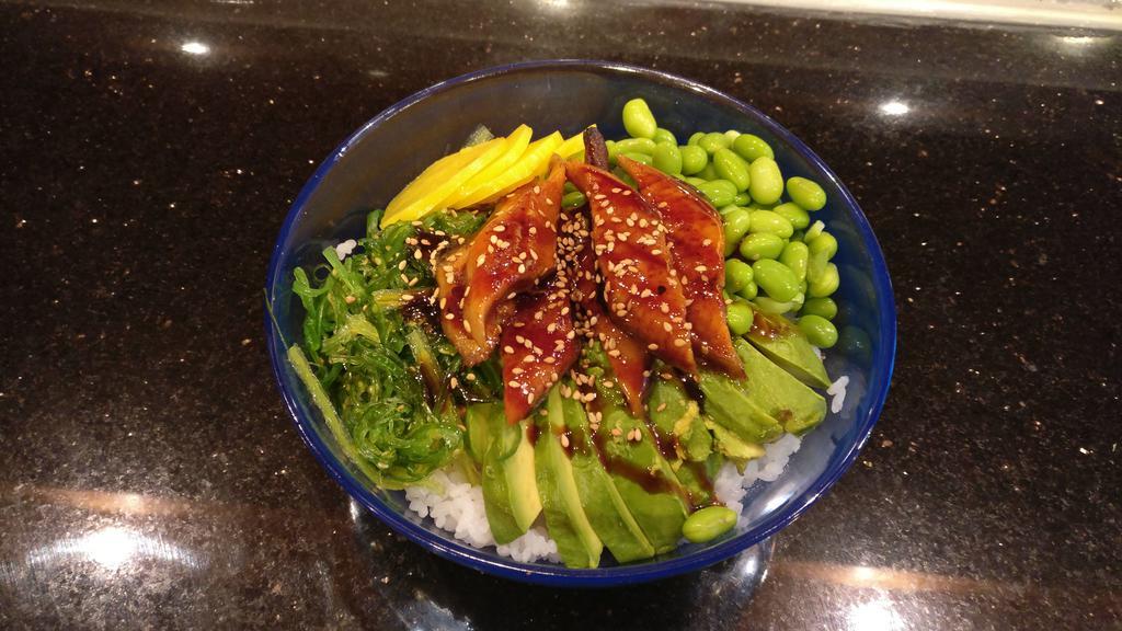 Unagi Eel Bowl · Unagi Eel, Seaweed salad, Avocado, Oshinko, Edamame,massago, with Eel Sesame Seed sauce.