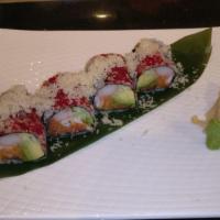 Pop Up Roll · Spicy Salmon, Crab Meat, Shrimp, Cucumber and avocado inside, tempura chip and tobiko on the...