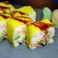 Para Roll · Shrimp Tempura , Snow Crab, eel, avocado, msago in soy wrap, with eel sauce top.