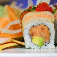 Fusion Roll · Spicy Tuna, avocado, Scallion inside, topped with tempura salmon tobiko, spicy mayo&eel sauce.