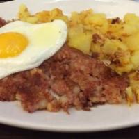 28. Two Eggs Any Style with Home Fries and Corned Beef Hash · Served with Home fries