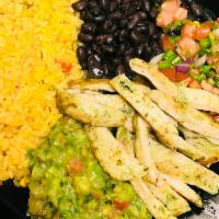 68. Chicken Burrito Bowl · Served with. Grilled Chicken, rice, Black beans, guacamole, pico de gallo, shredded  cheddar...
