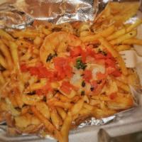 Cheesy Garlic Shrimp Fries · Fries topped with shrimp in house made garlic cheese sauce, sauteed red peppers. Garnished w...