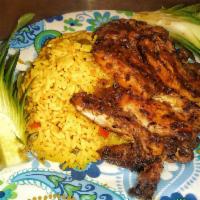 Jerk Chicken Dinner · Dinners come w/ 3pc Jerk, Island rice, 2pc bread, Grilled pineapple & drink.