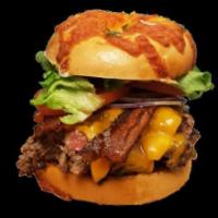 Caveman Burger · 100% beef patty with BBQ shredded pork, bacon, cheddar cheese, lettuce, tomato, onion, pickl...