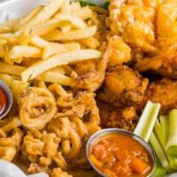Sample Platter  · Celery sticks, fries, chicken wings (4 pieces) fried 	calamari, rock shrimp.
