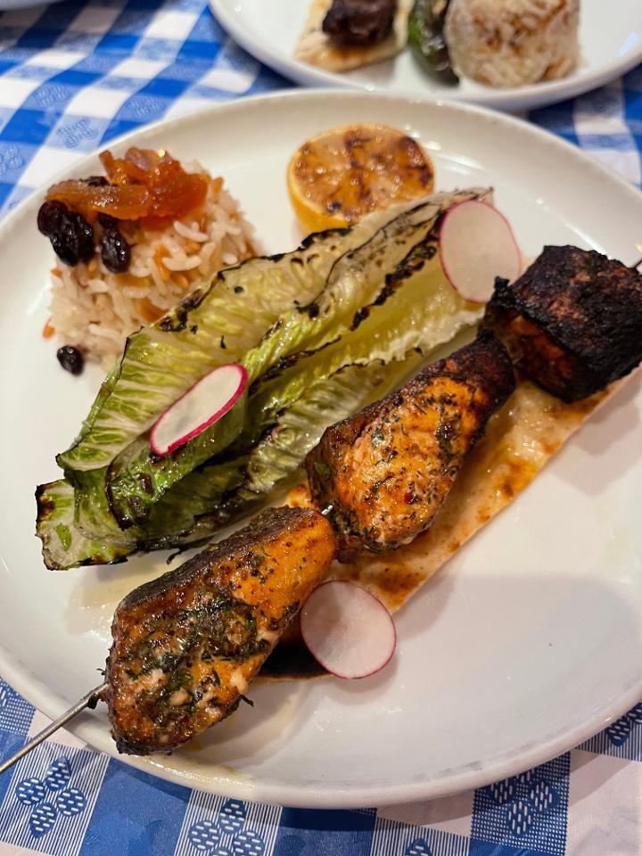 Salmon Kebab · Salmon cubes, grilled lettuce, rice pilav with orzo served with pita