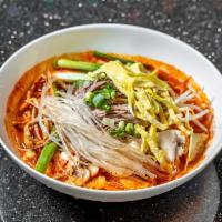 1. Yook Gae Jang · Spicy beef soup with vegetables. Beef, bean sprout, scallion, squash, carrot, onion, glass n...