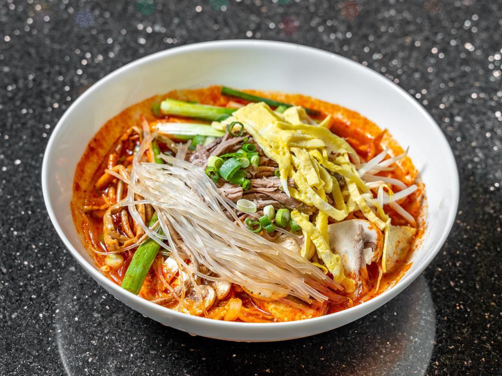 1. Yook Gae Jang · Spicy beef soup with vegetables. Beef, bean sprout, scallion, squash, carrot, onion, glass noodles. Serving with white or brown rice.
