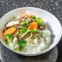 2. Bulgogi with Rice · Stir-fried bulgogi (beef in soy sauce marinade). Beef, mushroom, onion, carrot, scallion. Se...