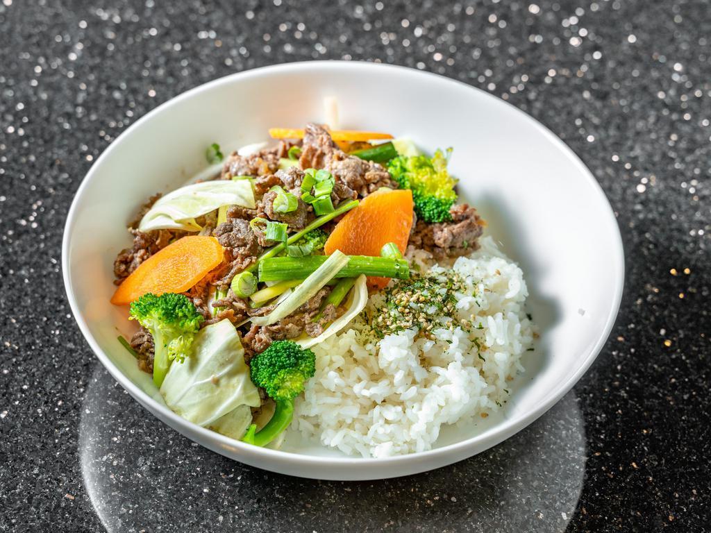 2. Bulgogi with Rice · Stir-fried bulgogi (beef in soy sauce marinade). Beef, mushroom, onion, carrot, scallion. Serving with white or brown rice.