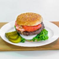 The Bitcoin Burger · Hamburger served with lettuce, tomatoes, onions and pickle.