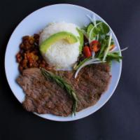 RBS · Rosemary grilled steak with white rice, beans and salad.
