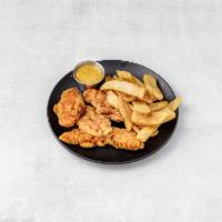 Chicken Tenders · Served with fries. Add dipping sauce for an additional charge.