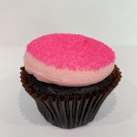 Pink Chocolate · Our signature chocolate cake topped with pink vanilla buttercream frosting and sanding sugar.