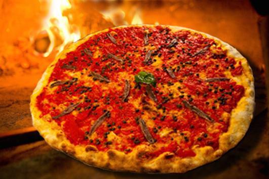 Romano Pizza · Tomatoes, anchovies, Gaeta olives, capers, and oregano.