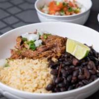 El Primo Platter · Homemade rice, refried beans, birria meat, onions, cilantro, lime, red salsa and pico de gal...