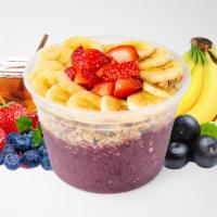 Berry Celestial Bowl · Organic acai, strawberries, blueberries, banana, 100% apple juice and honey. Topping: hempse...