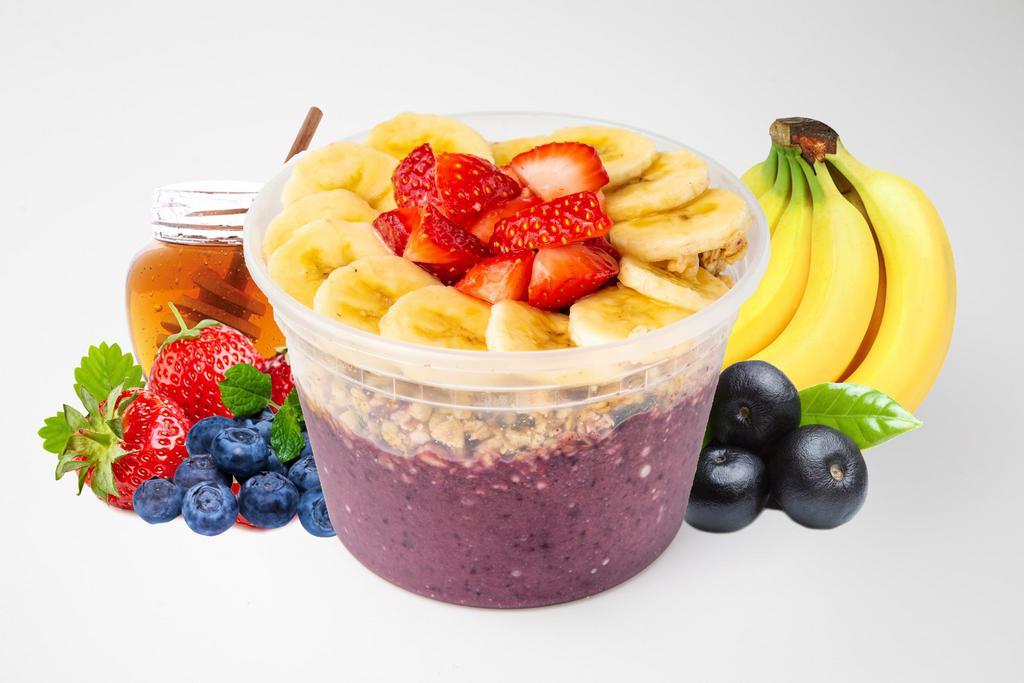 Berry Celestial Bowl · Organic acai, strawberries, blueberries, banana, 100% apple juice and honey. Topping: hempseed granola, banana and strawberries.