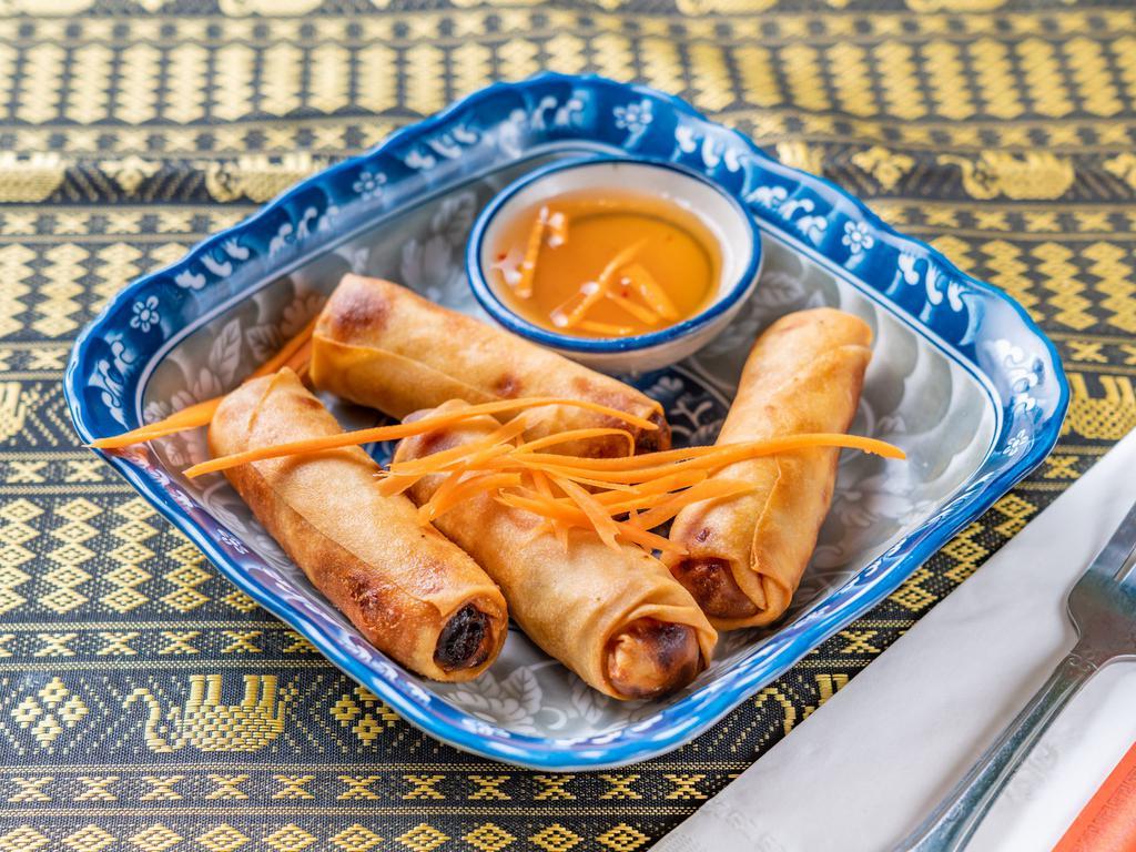 1. Crispy Spring Rolls · 4 pieces. Fried Thai spring roll stuffed with mixed vegetables, served with Thai plum sauce.