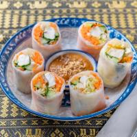 2. Fresh Summer Rolls · Lettuce, carrots, tofu and peanuts. Wrapped in clear spring roll skin. Served with Thai plum...