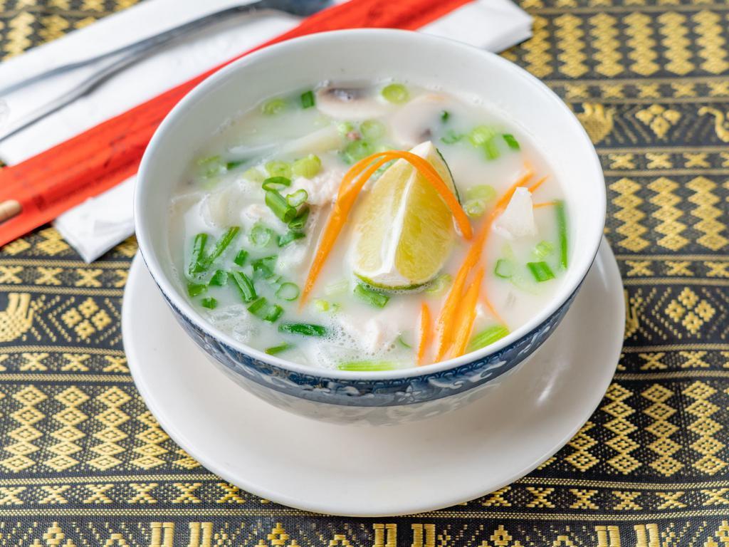 19. Tom Kha Gai Soup · Chicken, beef or mixed vegetables in coconut milk soup, onions, peppers, galanga, lime juice. Shrimp or pork for an extra charge.
