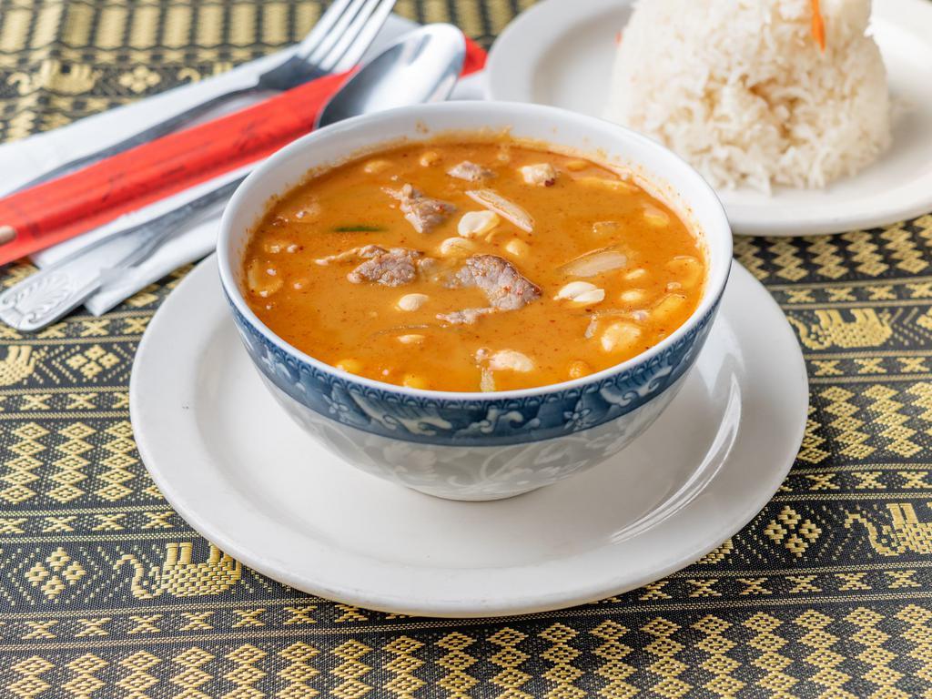 35. Massaman Curry · Mild and sweet massa curry, potatoes, onions, peanuts.