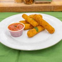6 Mozzarella Sticks · Mozzarella cheese that has been coated and fried.