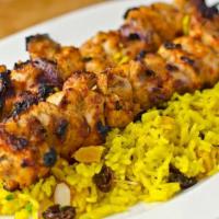 5-Spice Chicken Kabob Plate · Grilled marinated chicken cubes in 5-spice seasonings with a side of rice, salad, and pickle...