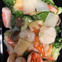 Seafood Delight · Lobster meat, jumbo shrimp, scallops and crab meat sauteed with assorted vegetables in white...
